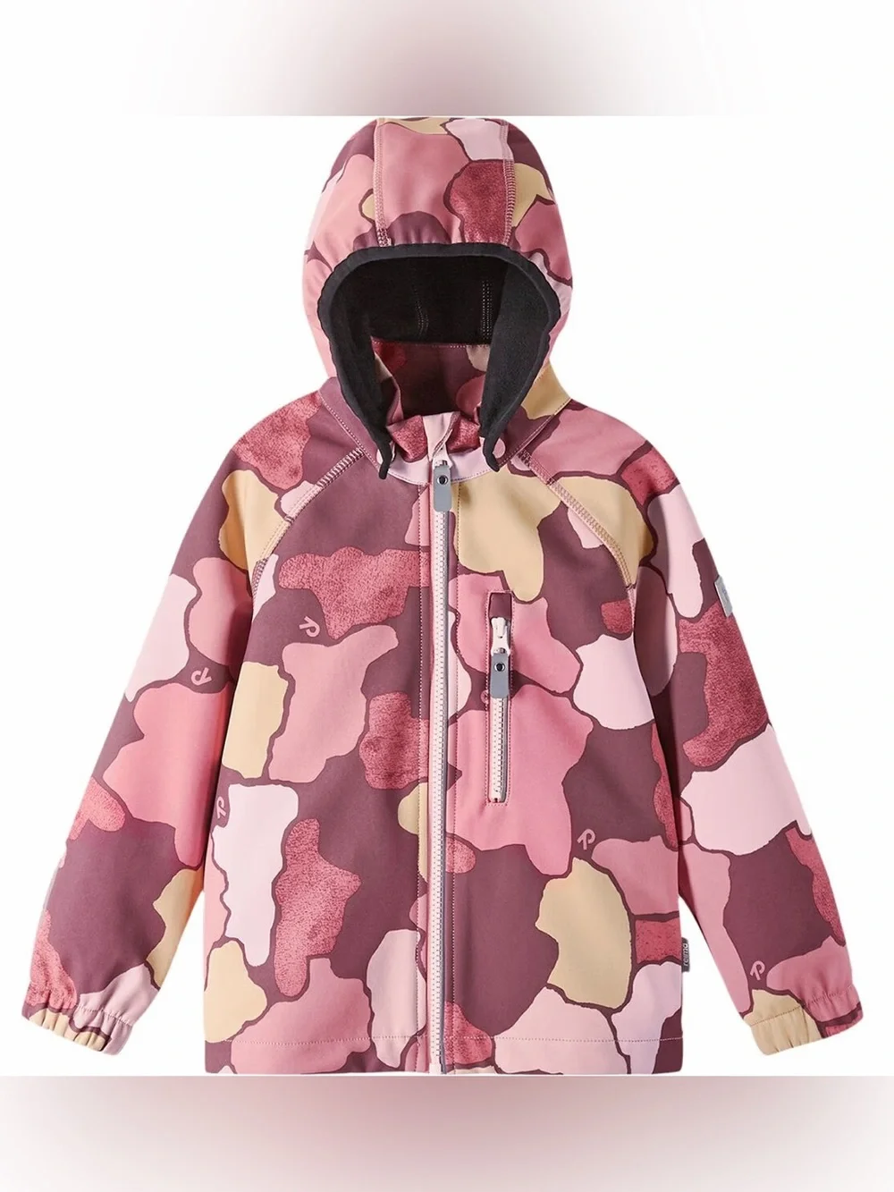 Reima Girls' Pink Sunset Camo Vantti Soft Shell Fleece-Lined Waterproof Jacket—9